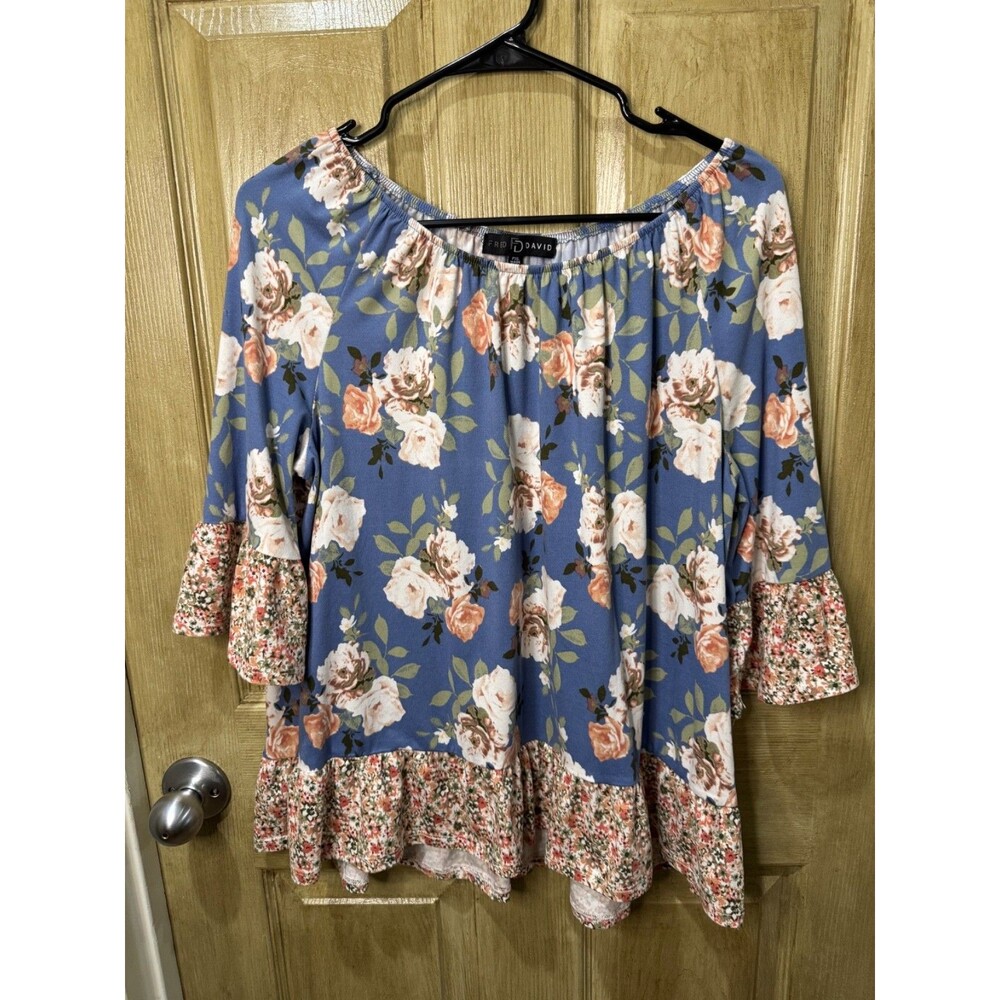 Fred David PXL Floral Peasant Blouse Blue Mixed Print Bell Sleeve Boho Womens